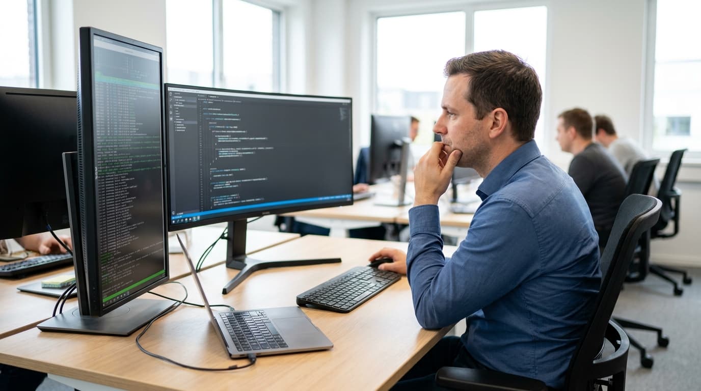 A developer in a modern office reviews Java code on a large computer monitor, with a terminal window visible on a second screen.