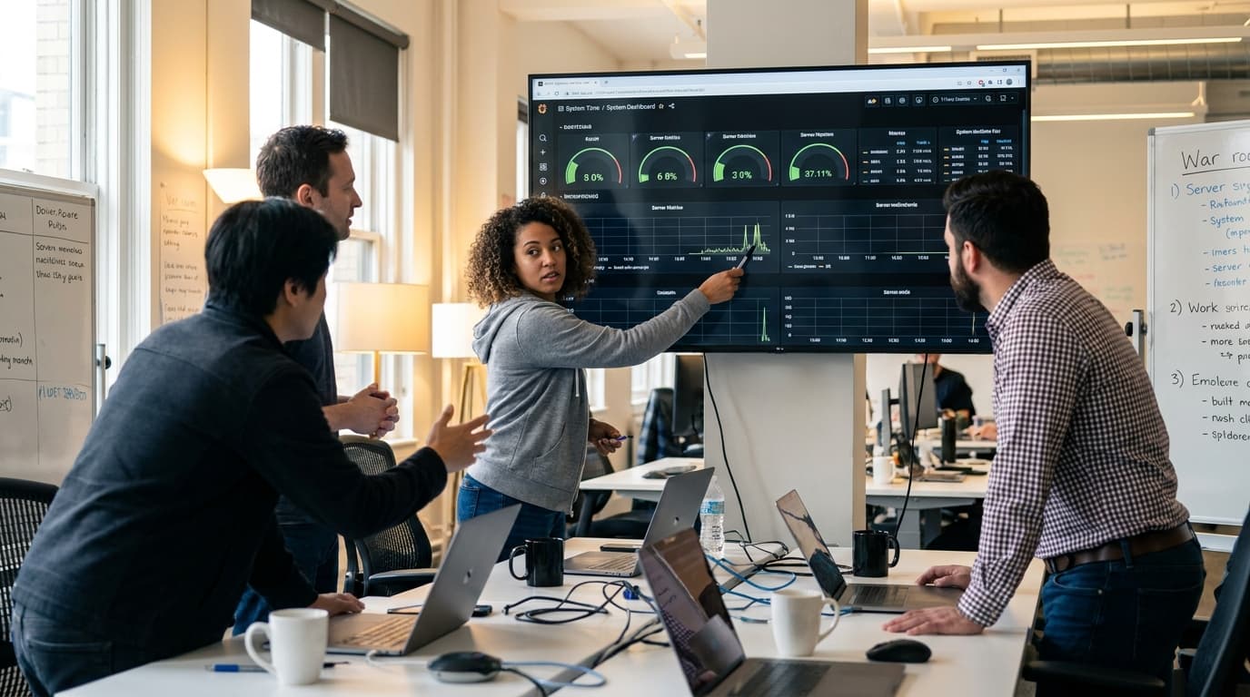 A team of site reliability engineers analyzes system health dashboards on a large screen in an office.