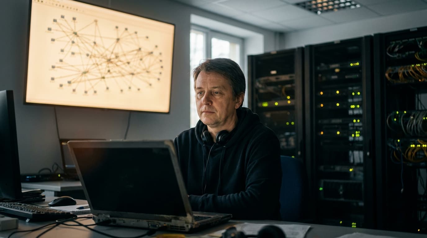 An engineer in a network operations center monitors a large screen showing a complex network diagram.