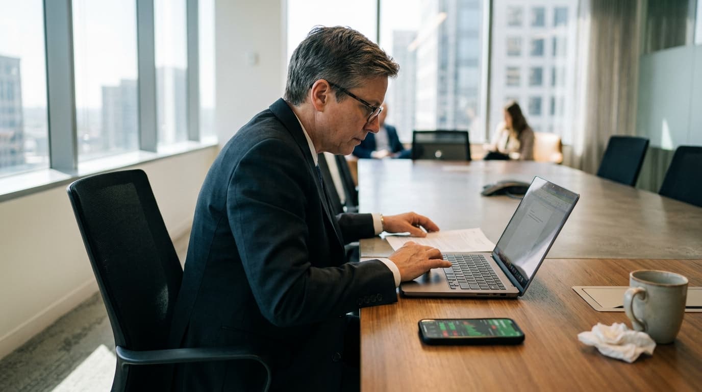 A legal professional analyzes a document on their laptop at a desk, with a sports prediction market app open on a nearby smartphone.