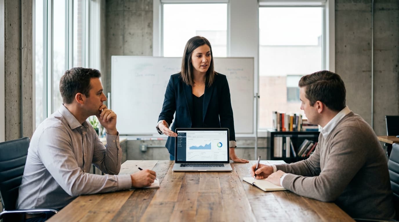 A founder presents a business plan on a laptop to two investors in a bright, modern meeting room.