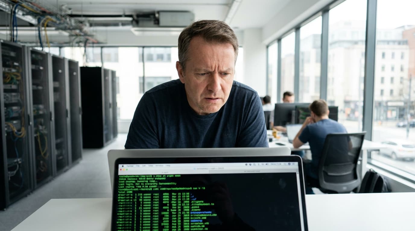 A developer studies code on a terminal screen, troubleshooting a potential issue with their application on a laptop.