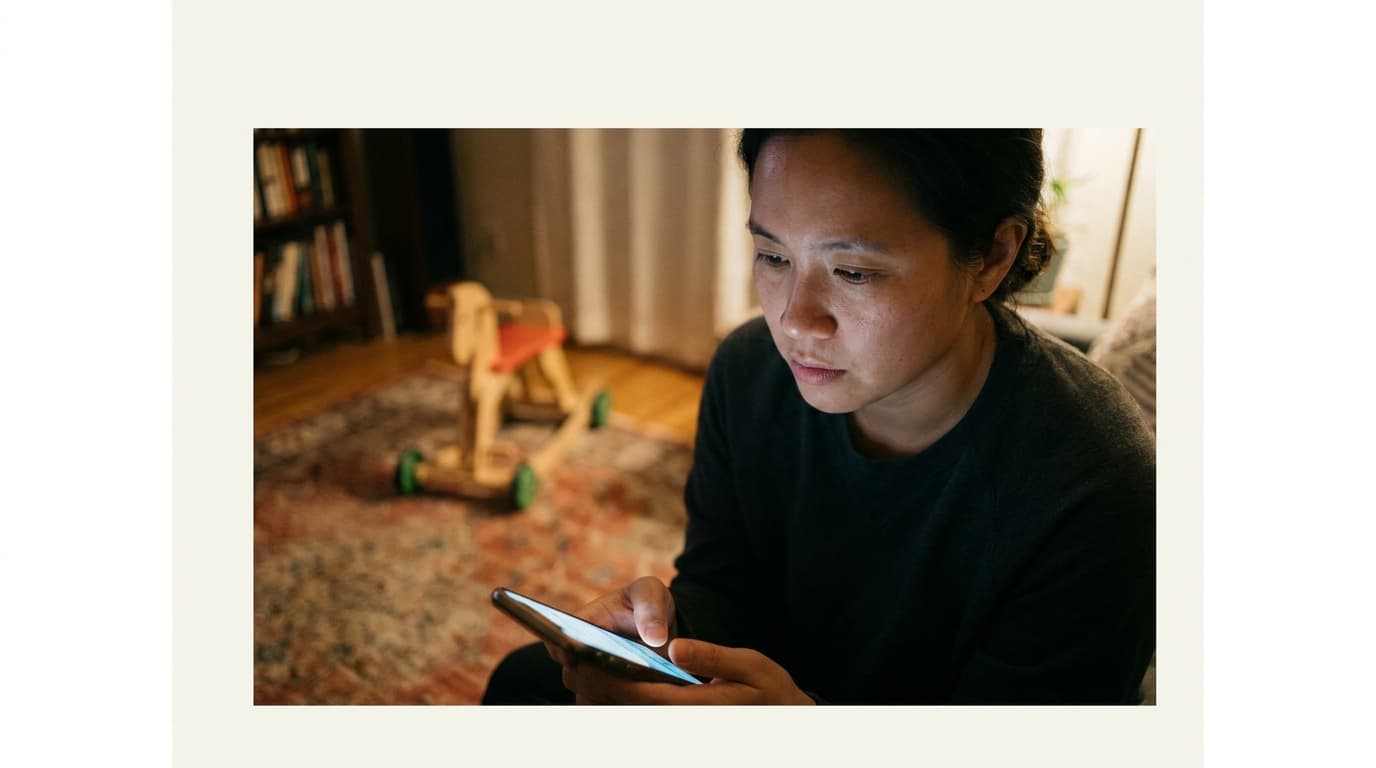 A parent holds a smartphone, their face showing a look of concern, while sitting on a couch in their home.
