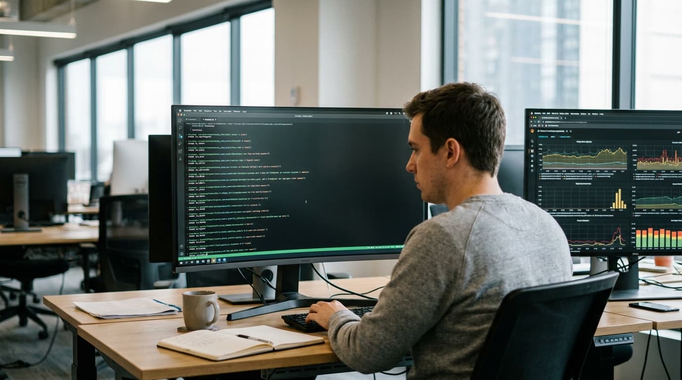 An engineer at their desk writes a PromQL query in a terminal while viewing performance monitoring graphs on a second screen.