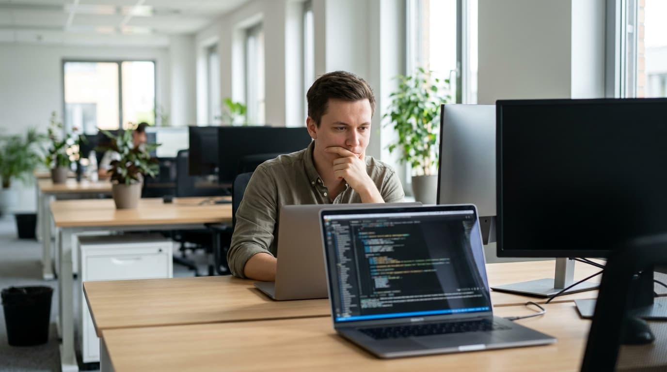 A developer in an office environment works on a laptop displaying computer code, considering a decision.