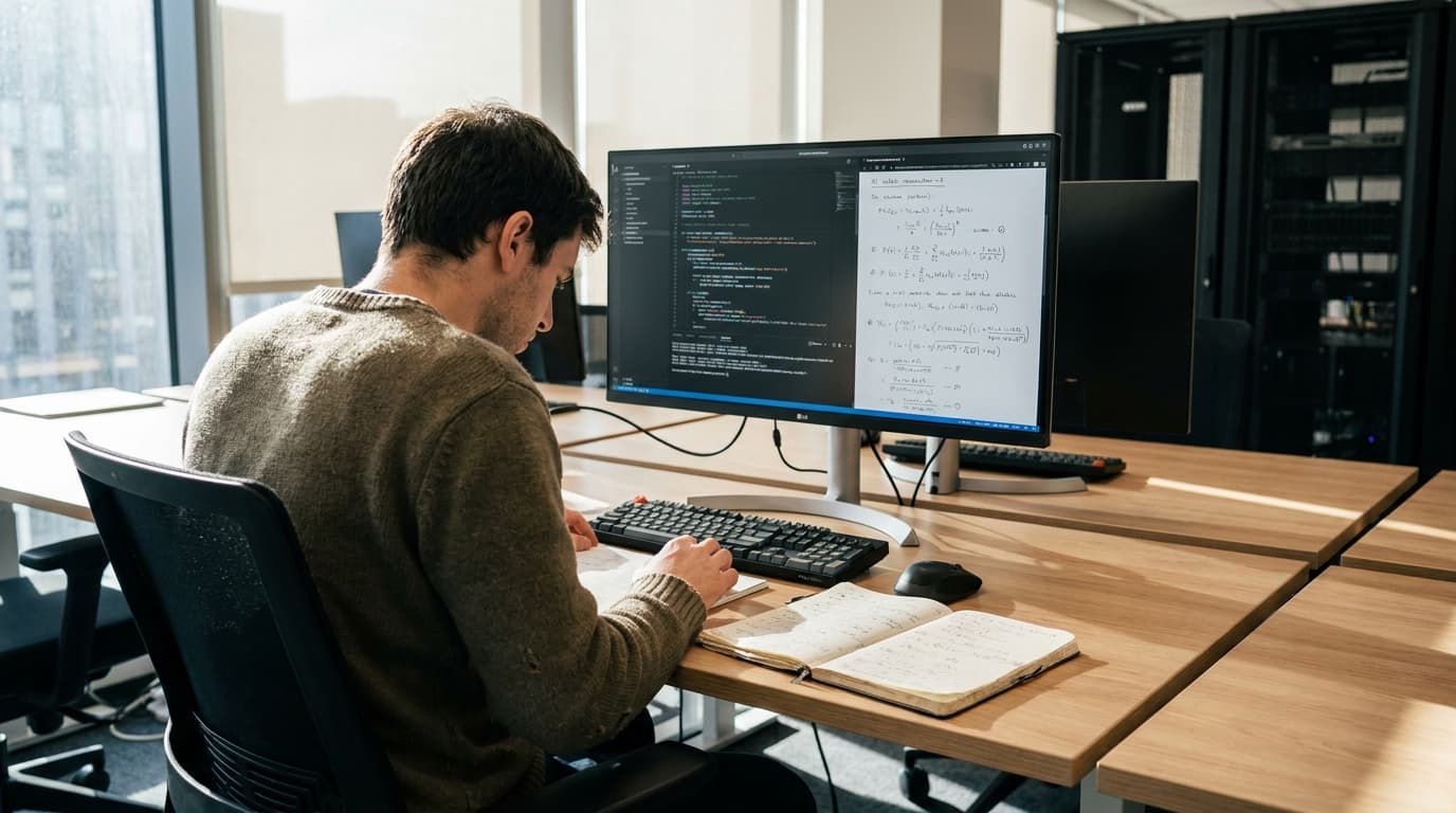 An AI researcher reviews complex code and mathematical formulas on a computer monitor in a modern office setting.