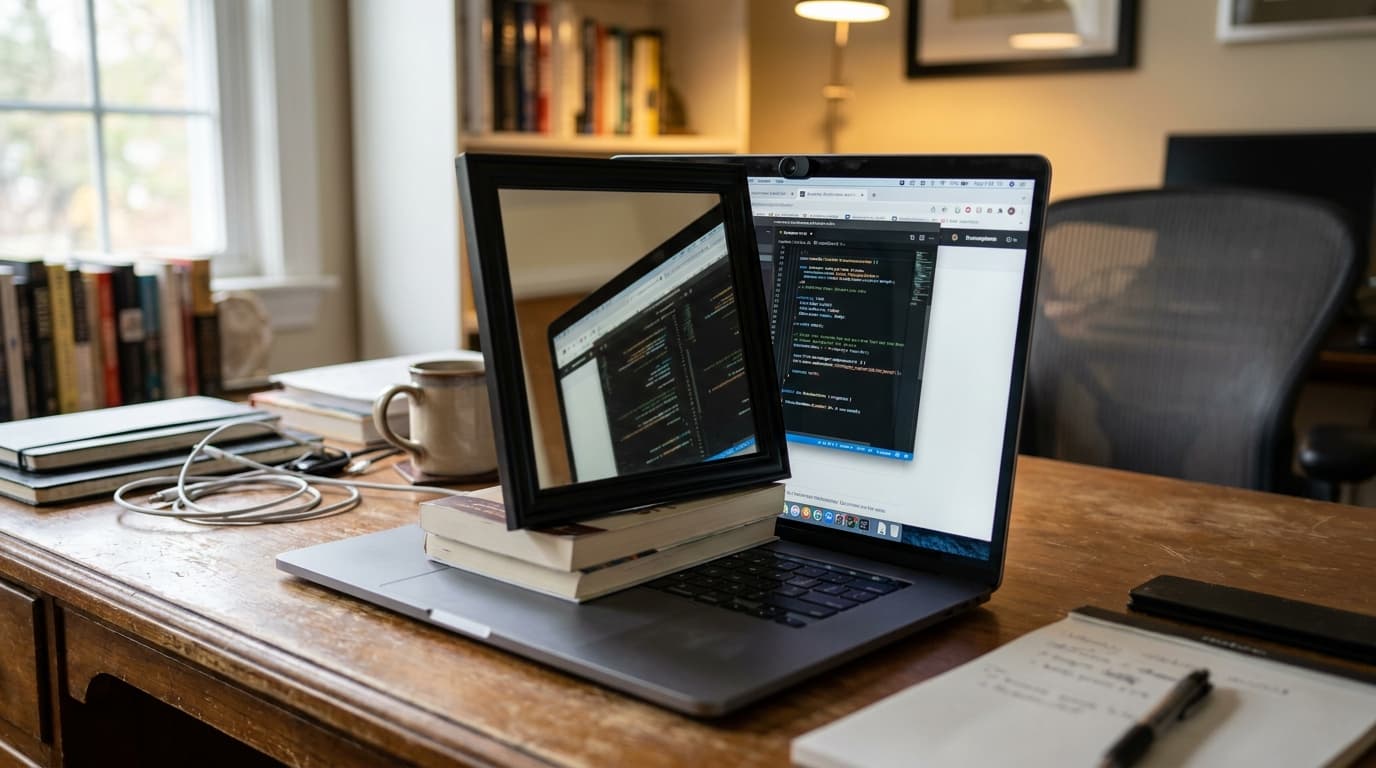 An open MacBook on a desk with a mirror positioned to reflect the screen's contents back into the webcam for AI analysis.