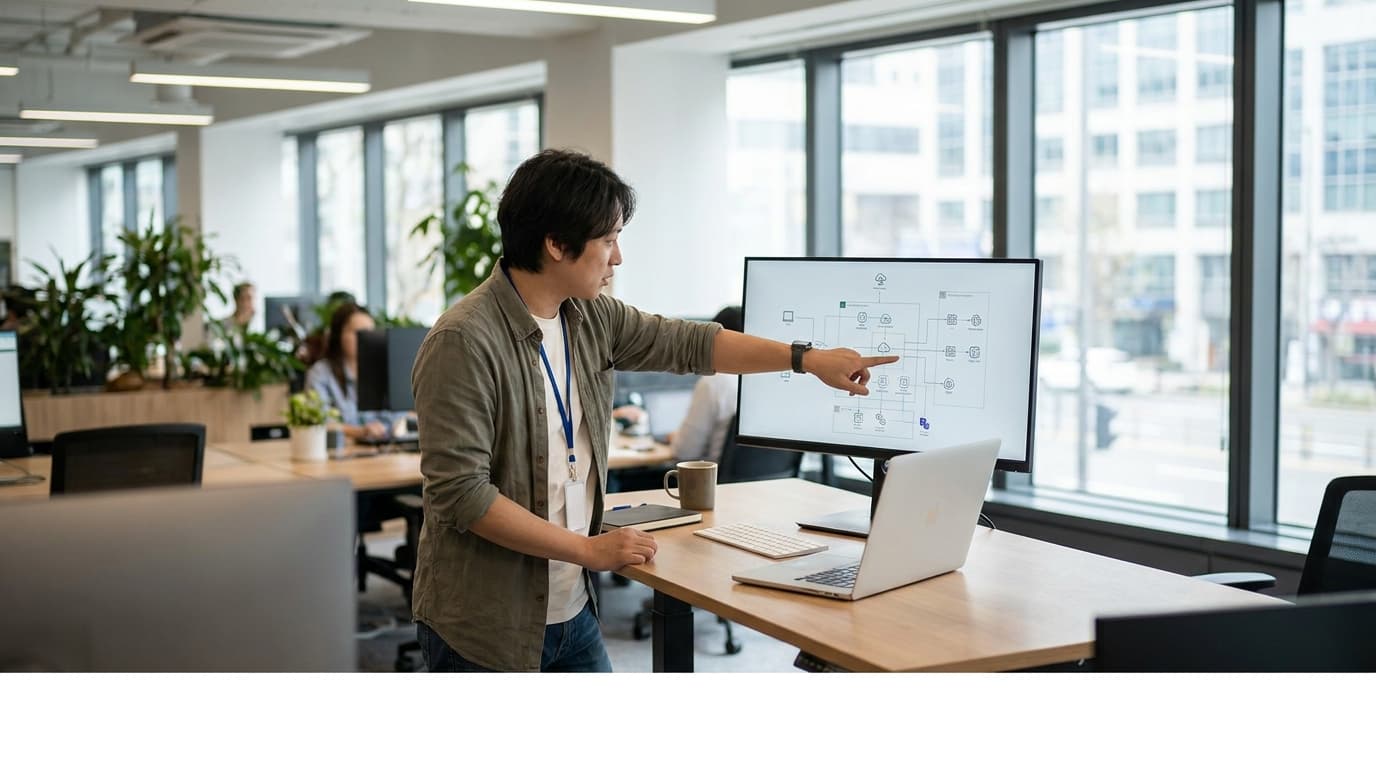 A cloud engineer at a desk points to a monitor showing a Google Cloud infrastructure diagram.