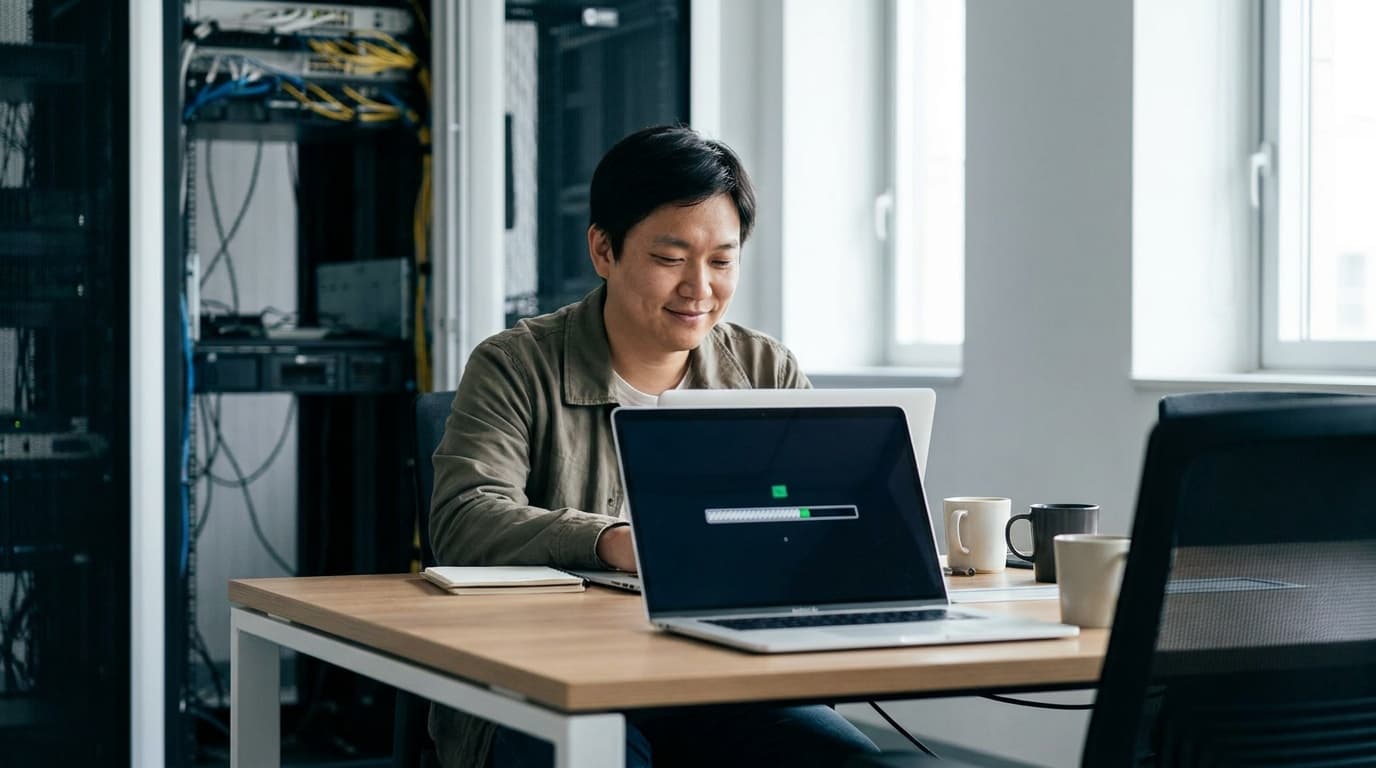 A software developer at their desk watches a fast-moving progress bar for a code build on their laptop screen.