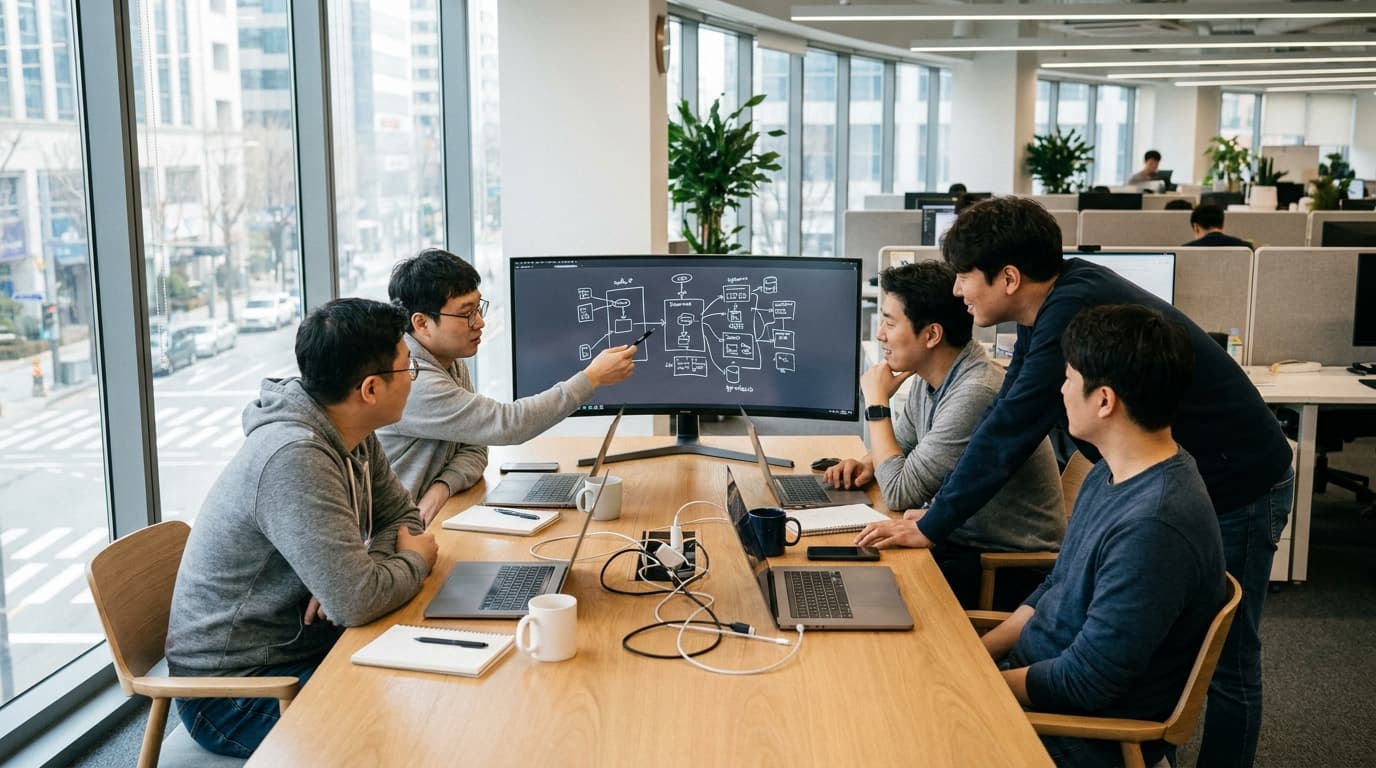 A group of engineers discusses a system architecture diagram on a large monitor in a bright, modern office meeting room.