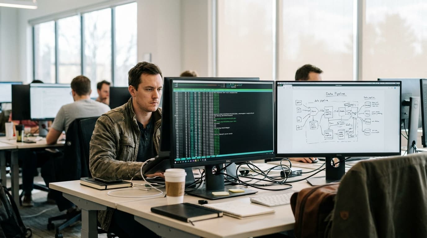An engineer works on a data streaming platform, with code on one screen and a system architecture diagram on another.
