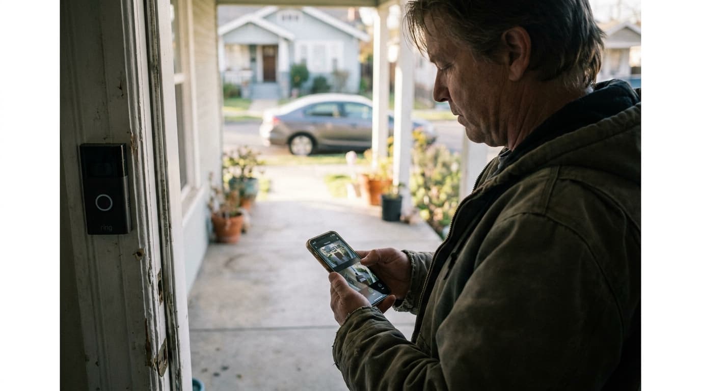 A person using the Ring app on their smartphone while standing outside their home, with a Ring doorbell mounted on the wall.