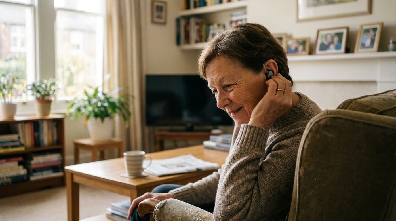 A person puts a sleek, modern AI hearing aid into their ear while sitting in their home.