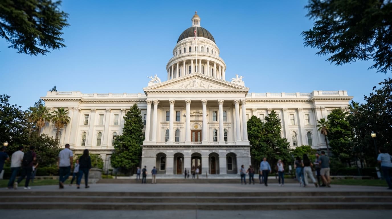 The California State Capitol building in Sacramento on a sunny day, viewed from the front.
