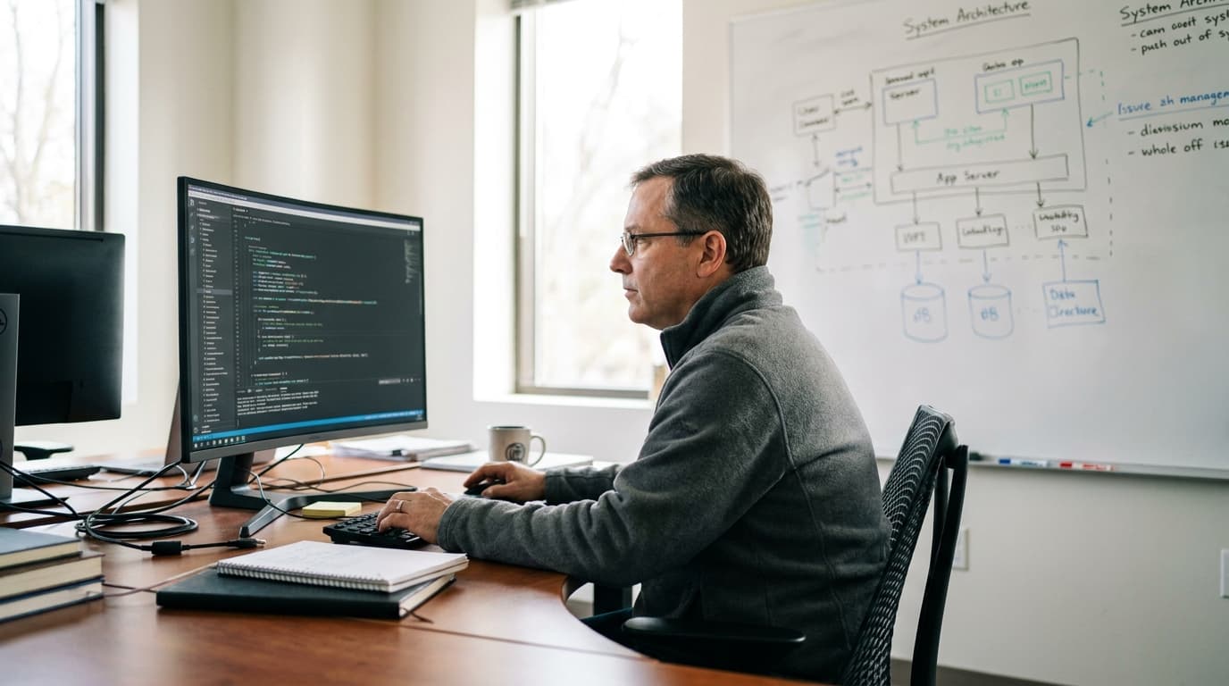 A software engineer works on code at their desk, with a whiteboard showing complex system diagrams behind them.