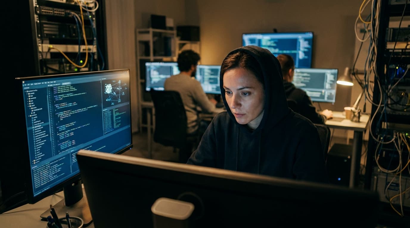 A security professional analyzes data on a large monitor in a dark control room.