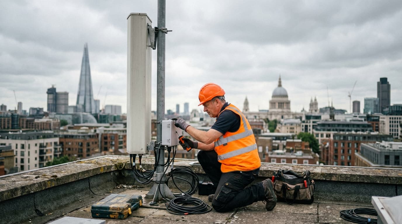 An engineer works on a mobile network antenna on a rooftop overlooking the city of London.