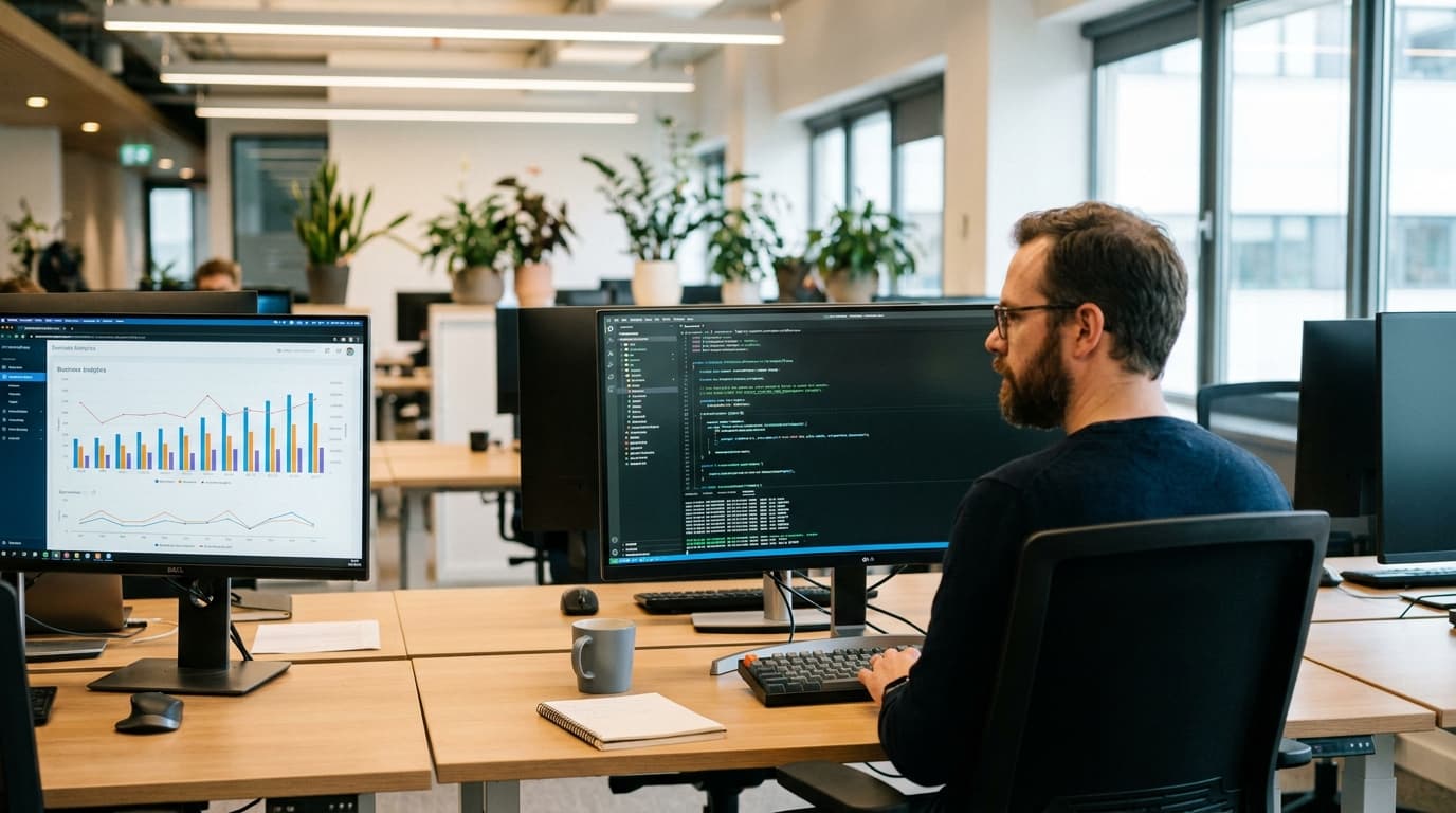 A developer at their desk works with code for a data visualization library on one screen, with the resulting chart on another.