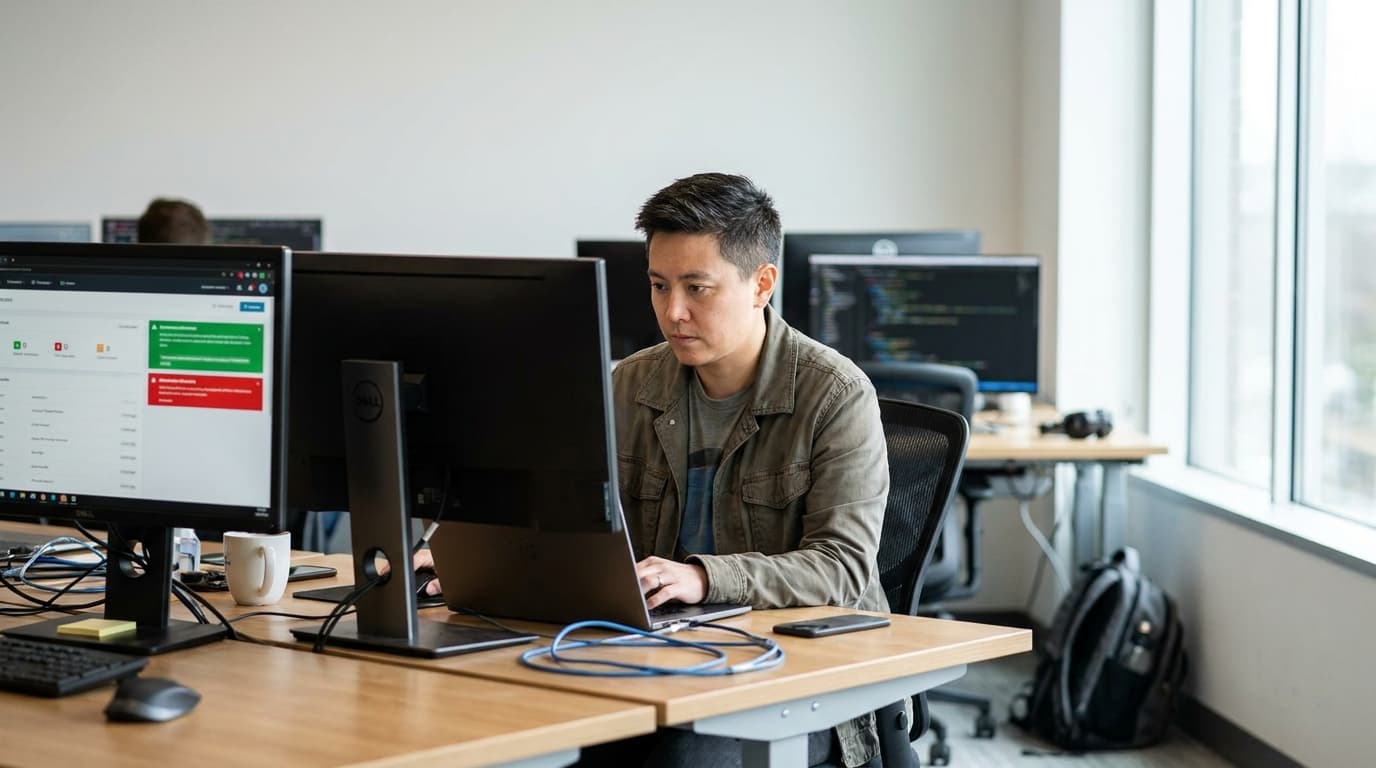 A security engineer in an office reviews code on a computer screen with a security dashboard visible on another monitor.