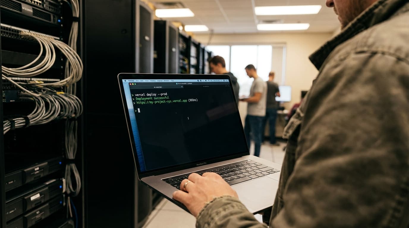 A developer's laptop screen showing a terminal window with a successful Vercel deployment command that has just finished running.