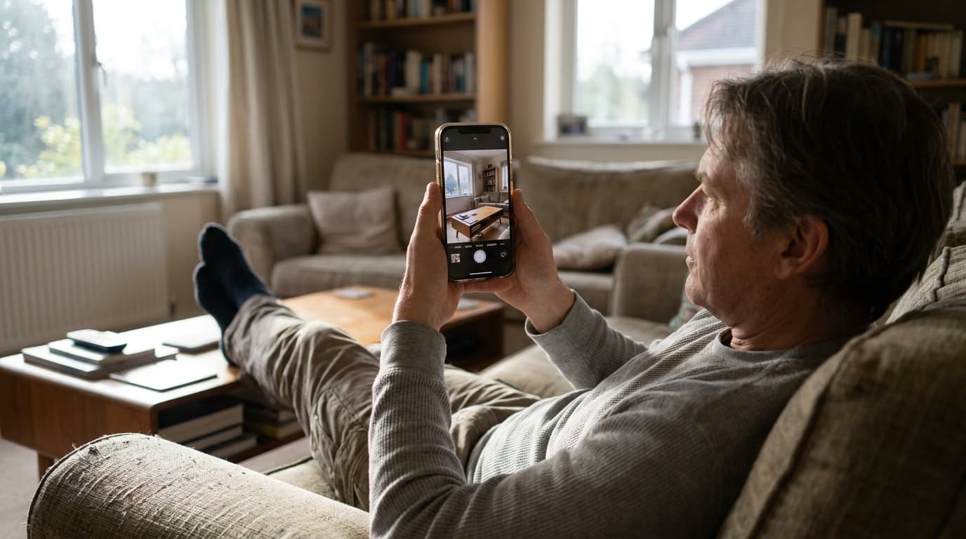 A person uses Pinterest's AI Restyle feature on their smartphone to visualize new furniture in their living room.