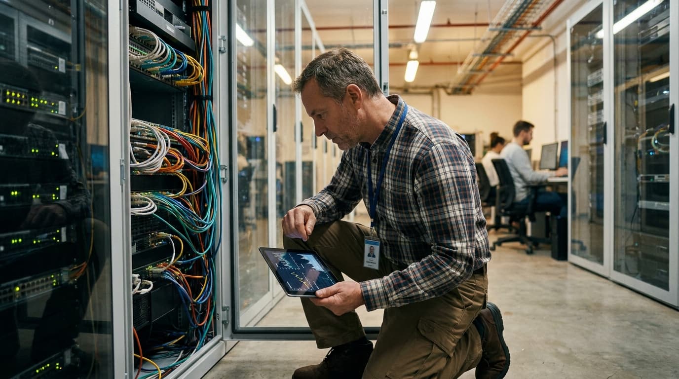 An IT professional checks server performance on a tablet while working inside a modern data center server room.