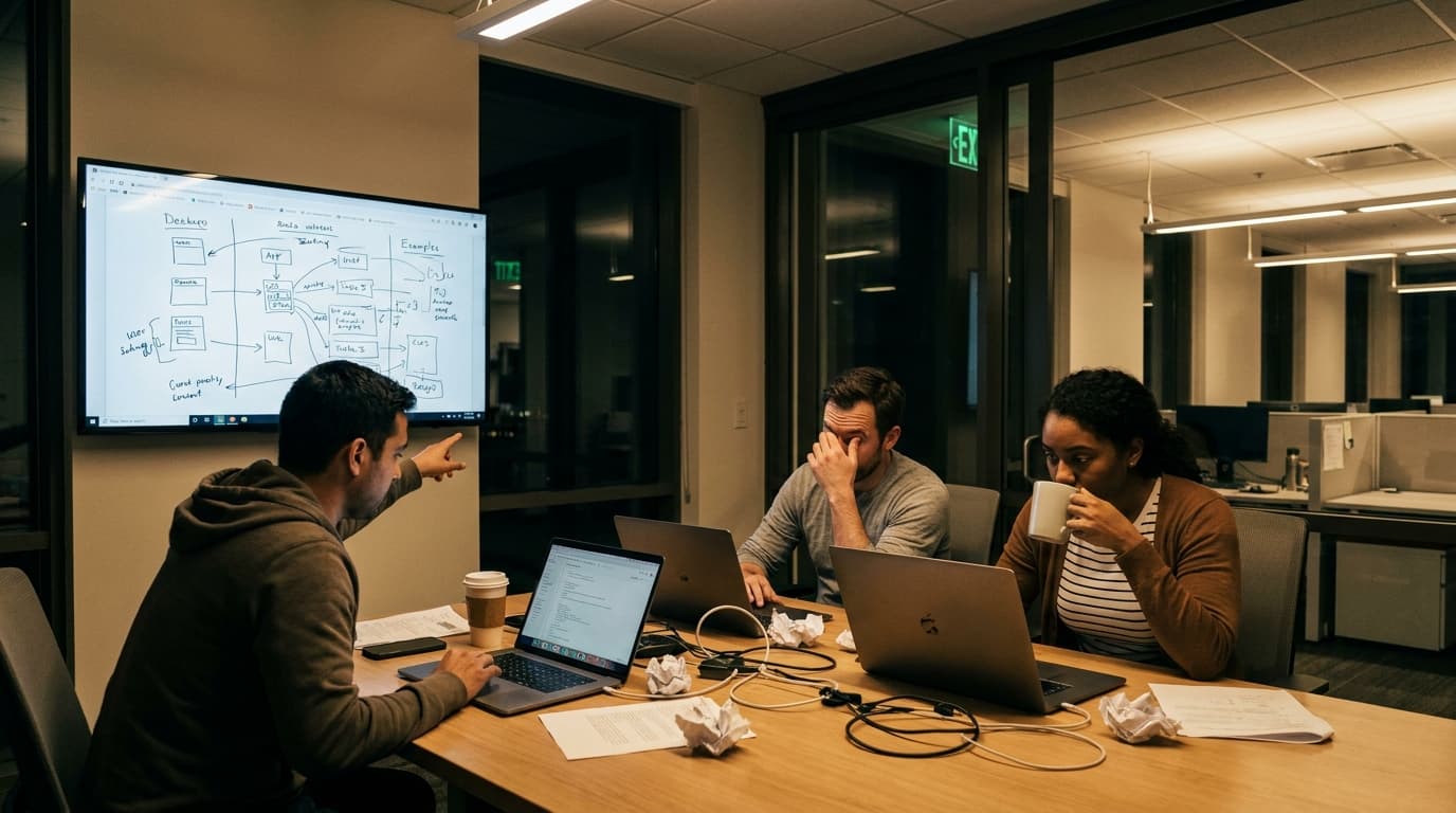 Three engineers collaborate in a dark meeting room, analyzing a system architecture diagram on a large screen during an incident response.