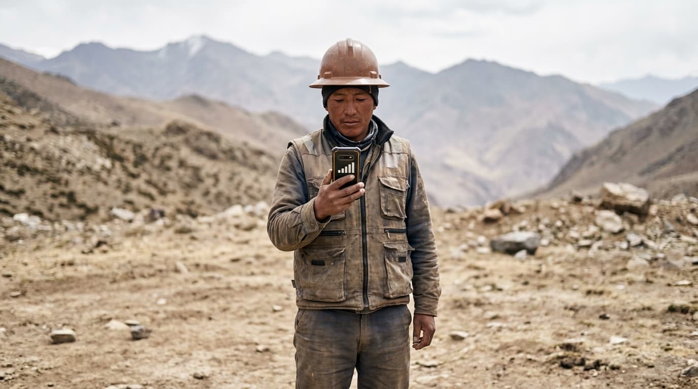An engineer checks their smartphone for a signal while working in a remote, mountainous location with clear skies.