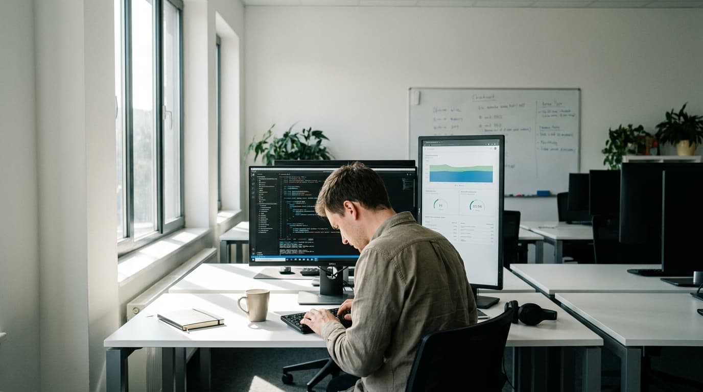 A developer sits at a desk with two monitors, one showing code and the other showing a performance dashboard.
