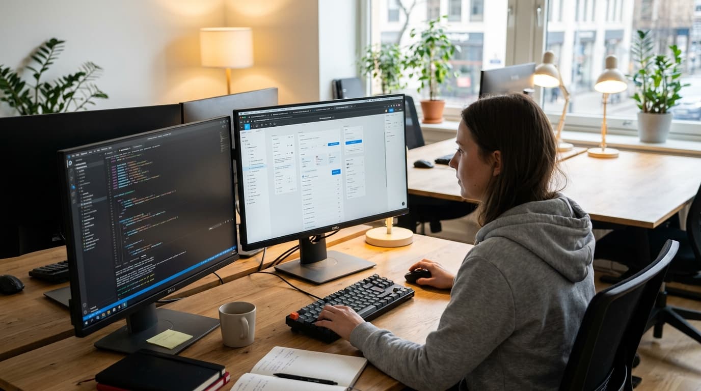 A developer works on a user interface design at a desk with two monitors in an office setting.