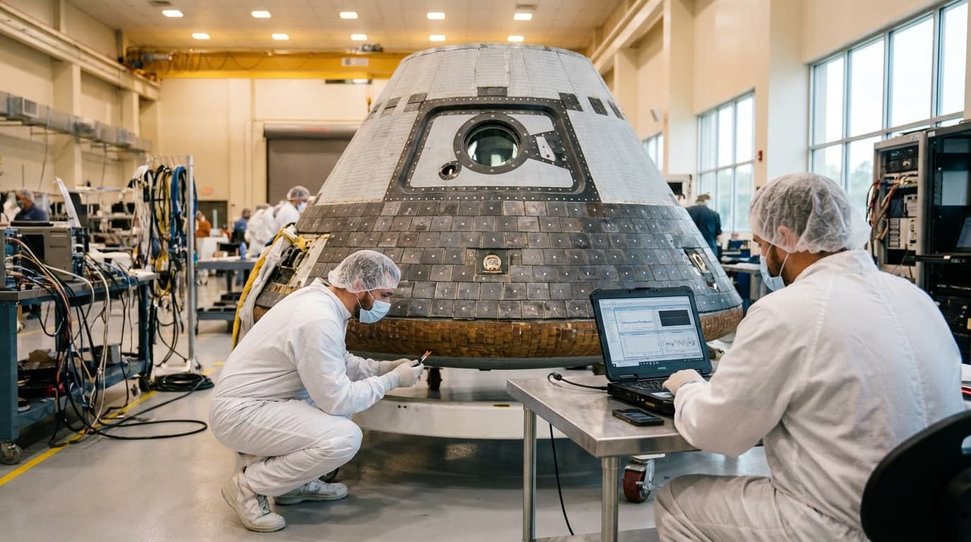 Engineers in protective gear inspecting the Boeing Starliner spacecraft inside a brightly lit manufacturing facility.