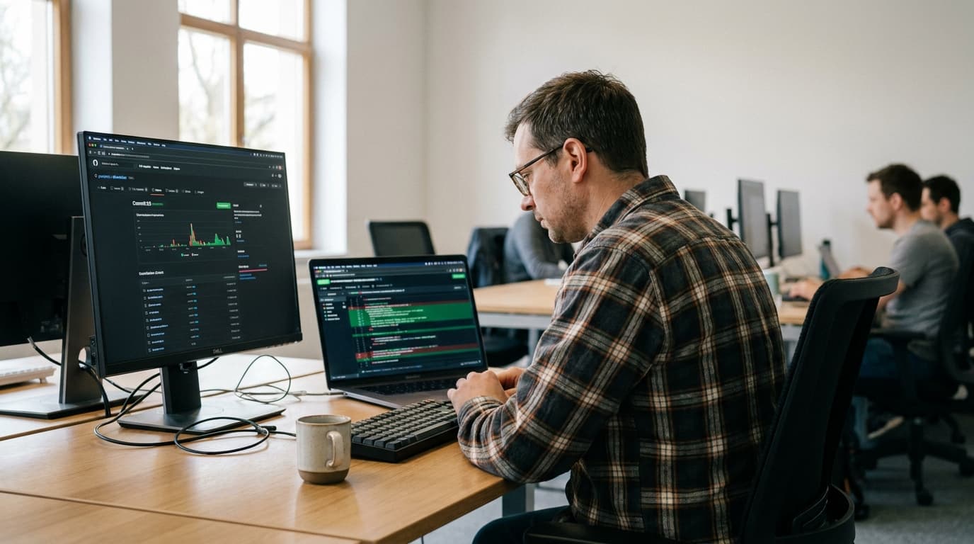 A software engineer reviews code on a laptop in an office setting, with a data dashboard visible on a second monitor.