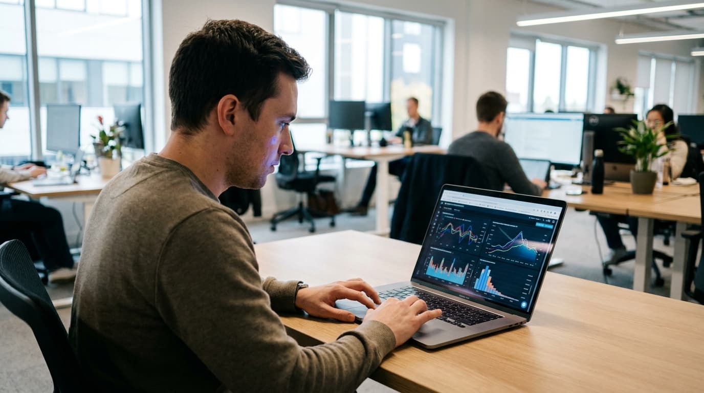 A data analyst works on a laptop displaying an interactive data dashboard in a well-lit office environment.