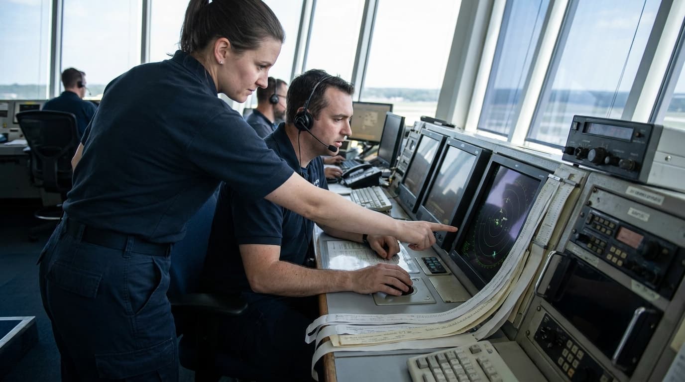 Two air traffic controllers in a dimly lit control room analyzing data on a wall of large monitors showing flight paths.