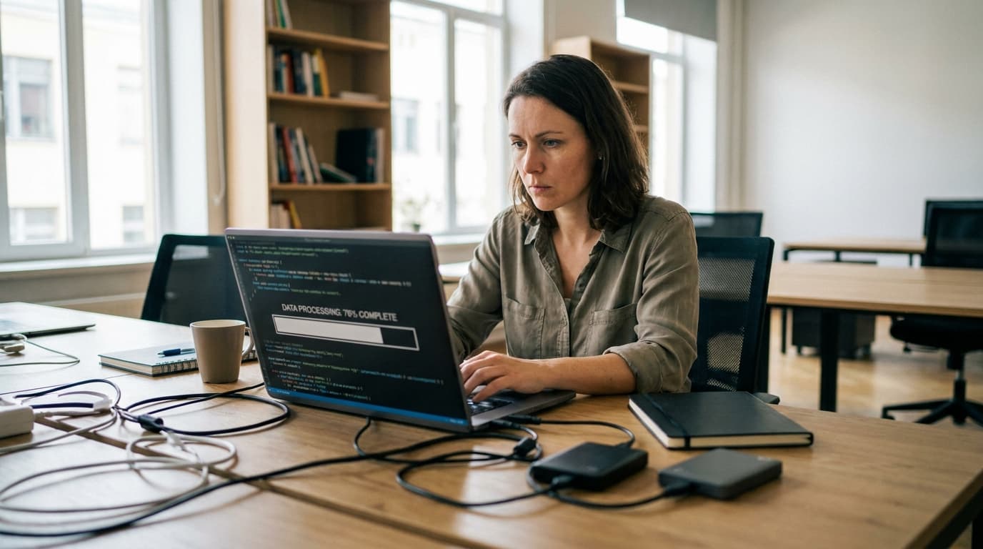 A developer monitors a long-running process on their laptop screen in a modern office environment.