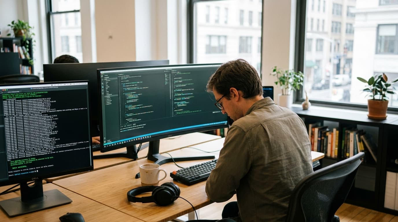 A developer at their desk reviews Rust programming code on a computer screen in a modern office.