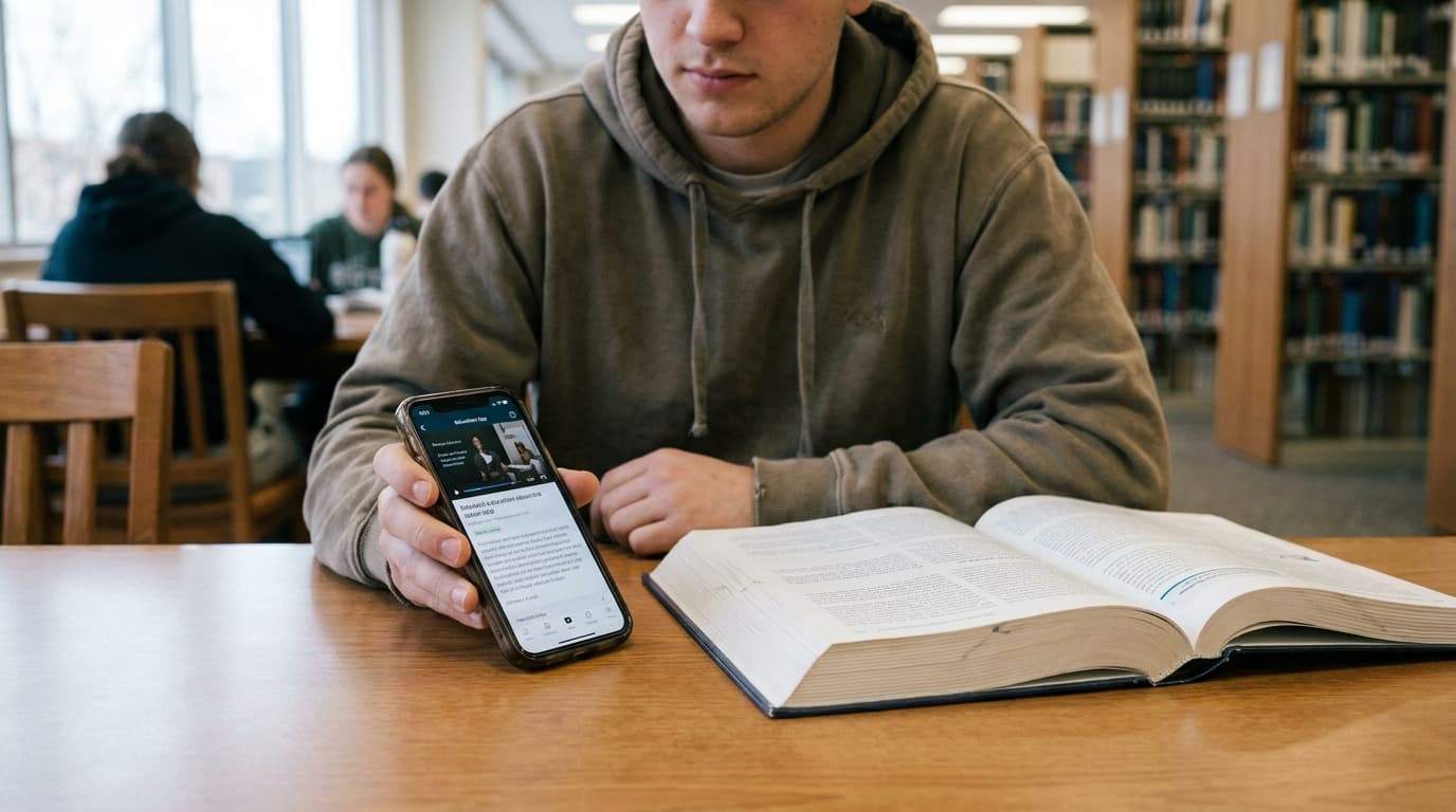 A student uses an educational app on their smartphone while sitting next to a physical textbook in a library.