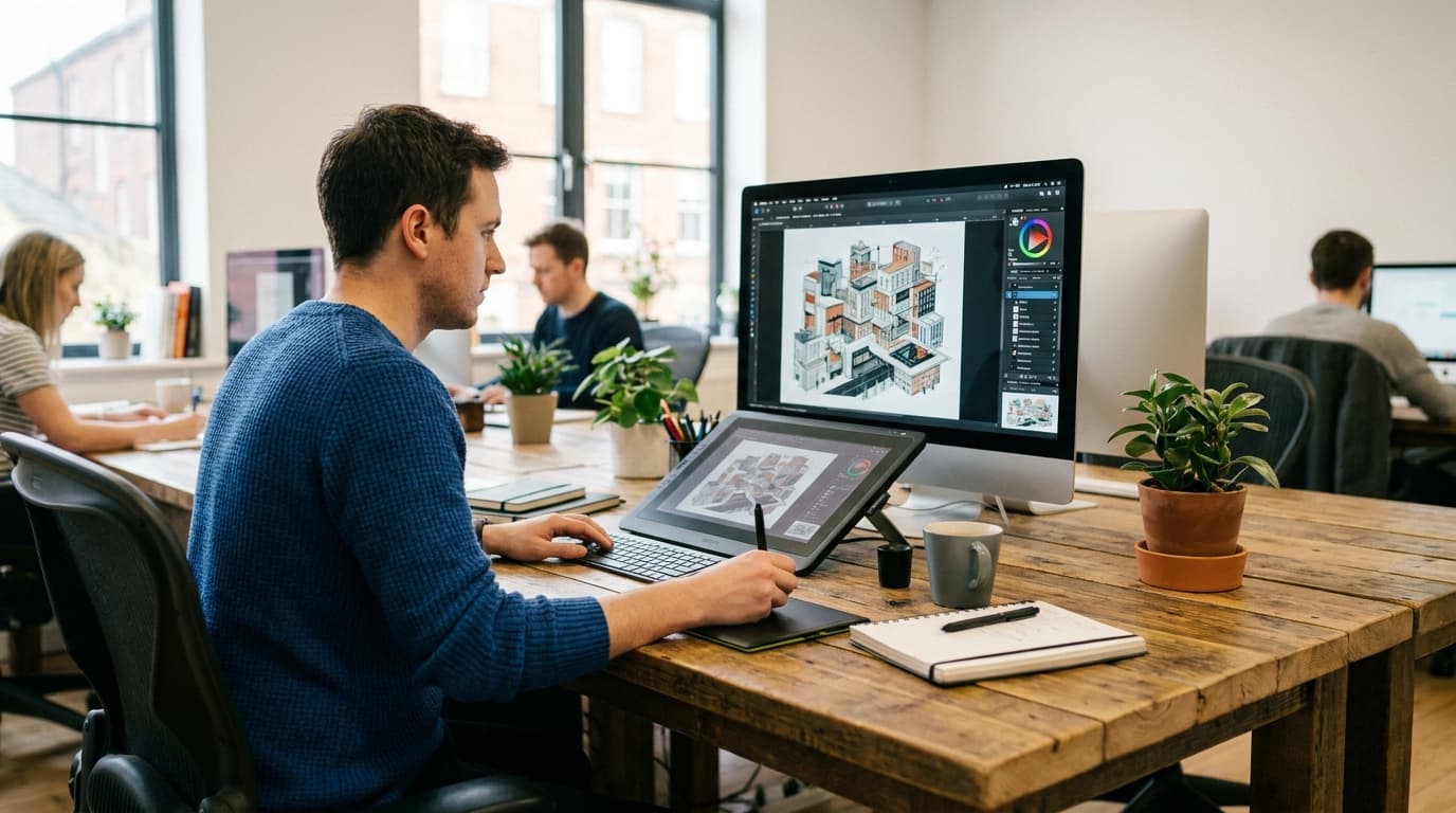 A designer works on a complex vector illustration in the Affinity software on a large monitor in a well-lit office.