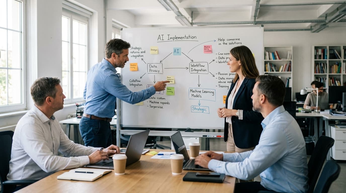 A team of colleagues collaborates on AI strategy in a conference room, using a whiteboard and laptops.
