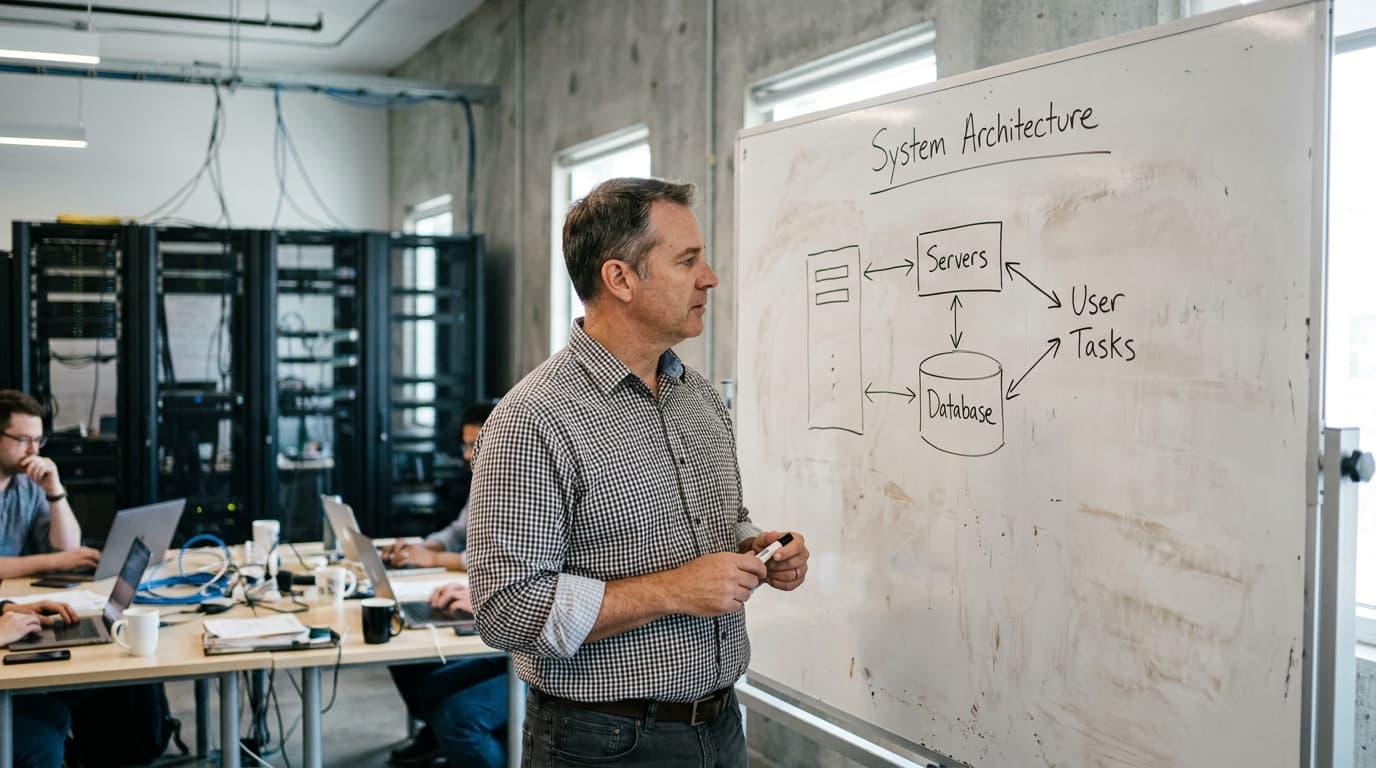 An engineer in an office sketching a diagram of a distributed system on a whiteboard.