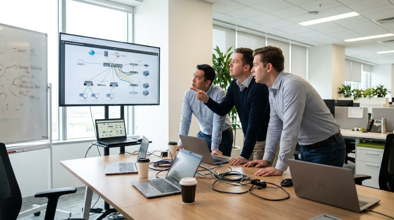 A group of concerned IT professionals gathered around a monitor displaying a cloud infrastructure diagram in an office.