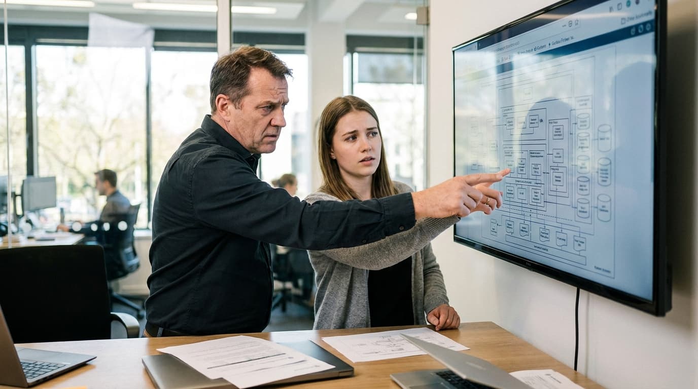 A CTO and an analyst discuss a system diagram on a monitor in an office, highlighting corporate AI risk management.
