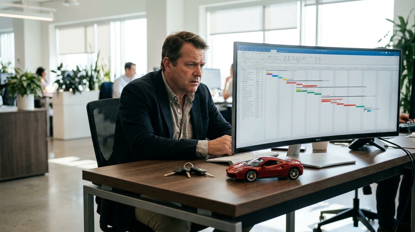 A person at a desk looks at a project plan on a computer screen, with a small model of a red sports car nearby.