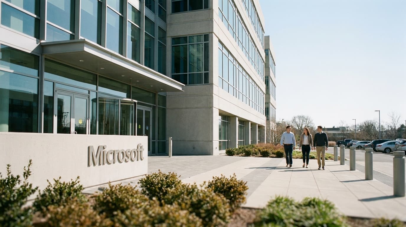 The modern exterior of a Microsoft office building under a blue sky, with the company logo visible on the facade.