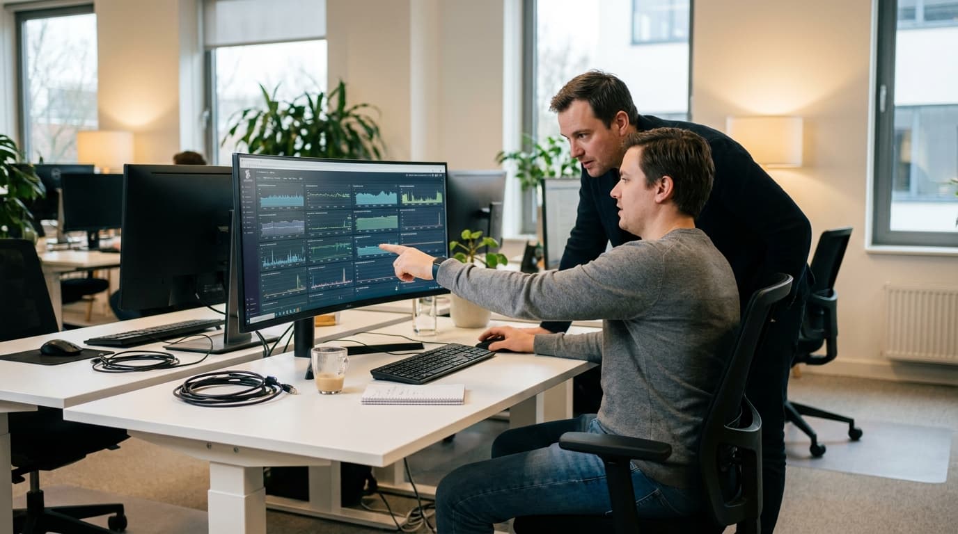 Two engineers in an office collaborating over a computer monitor showing a Datadog performance monitoring dashboard.
