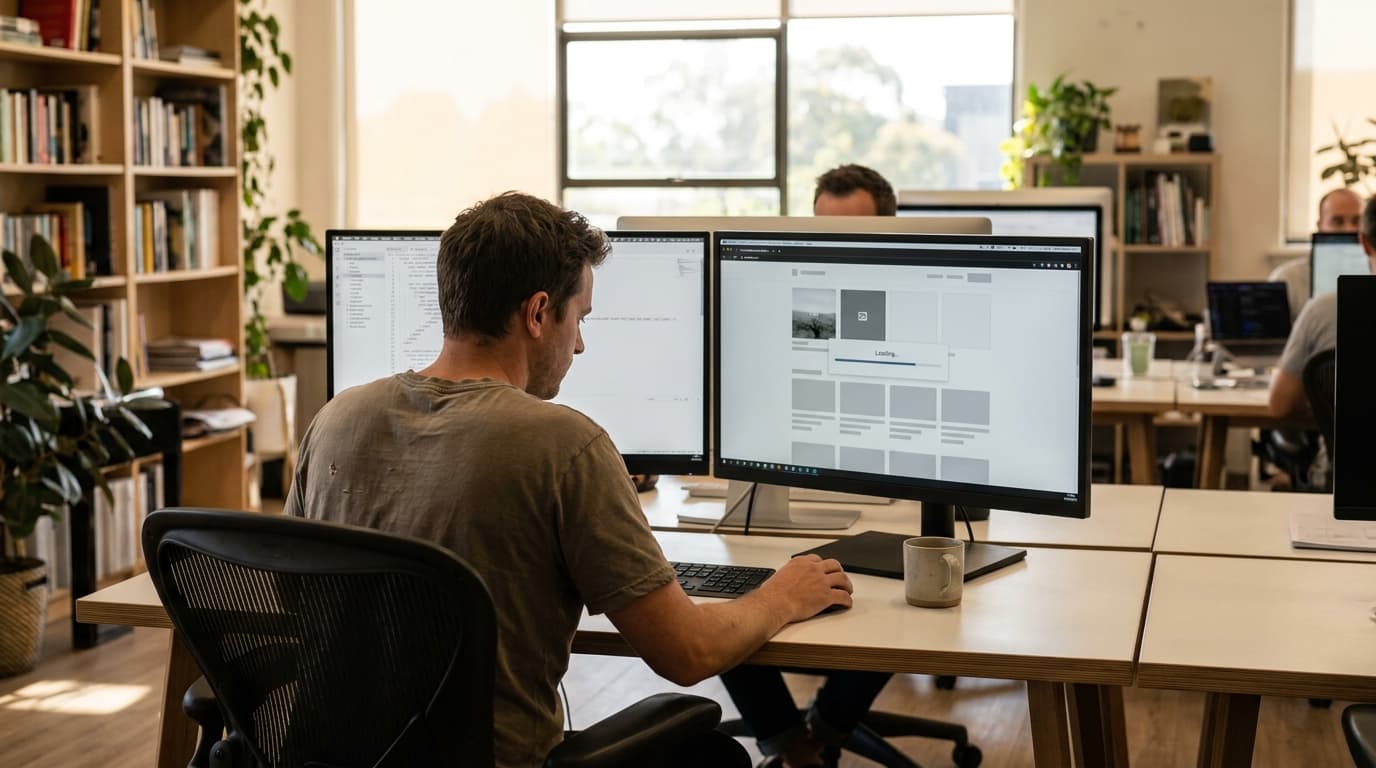 A developer at their desk with a website on one screen showing some content loaded and other parts as placeholders.