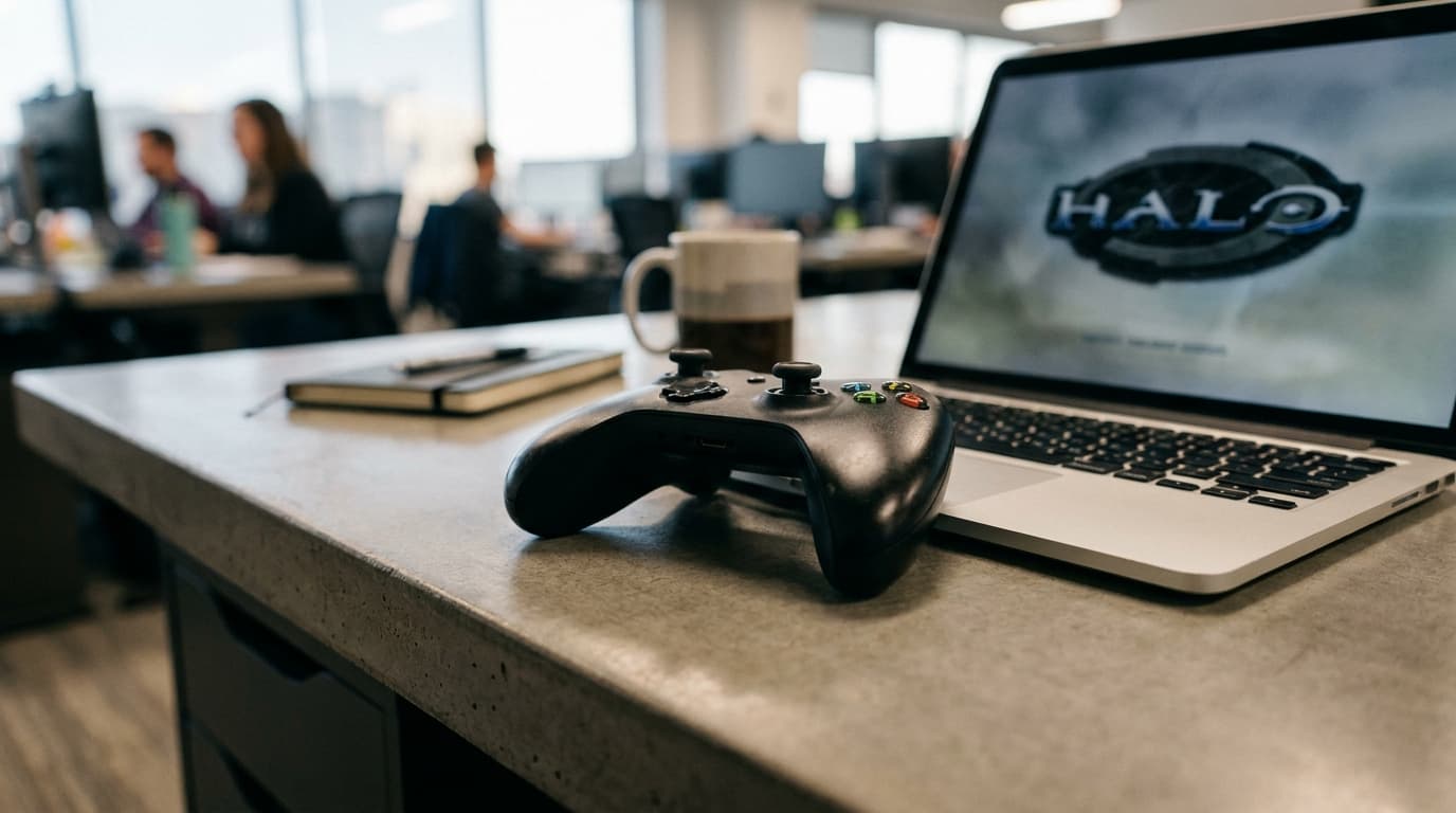 An Xbox game controller sits on a desk next to a laptop showing the logo for the Halo video game franchise.