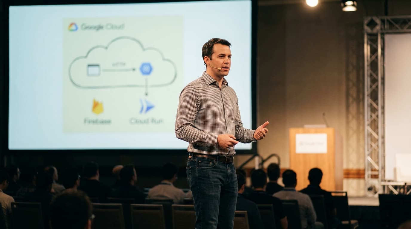 An engineer presents a cloud architecture diagram featuring GCP and Firebase logos on a screen at a tech conference.