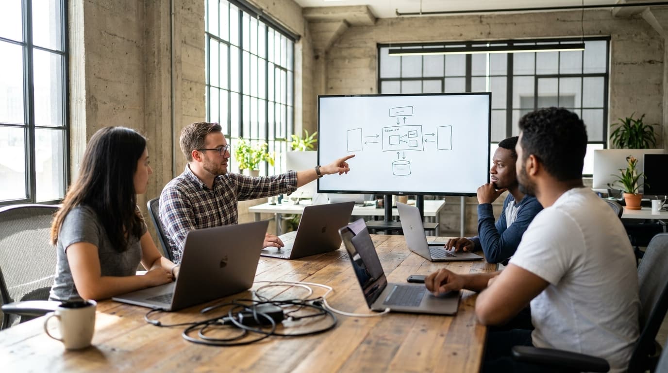 A team of software engineers collaborates in a meeting room, discussing a system architecture diagram on a large screen.