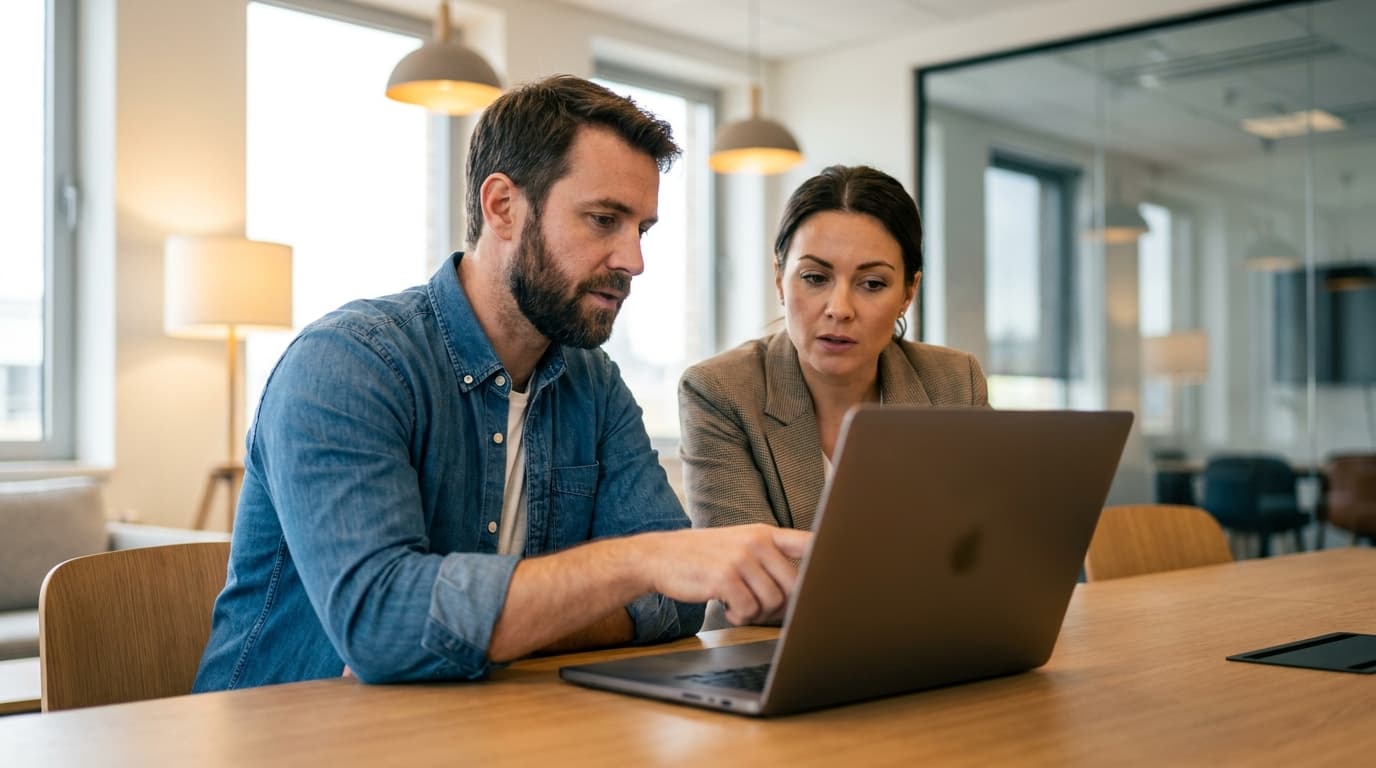 A security engineer and a business executive discuss a project on a laptop in a corporate meeting room.